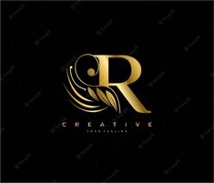 the letter r is made up of gold lines and waves on a black background with an elegant