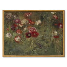 an oil painting of red and white flowers on a green background with gold framed border