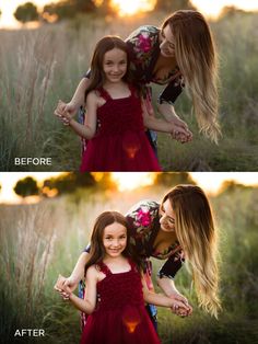 two girls in red dresses are posing for the camera with their arms around each other