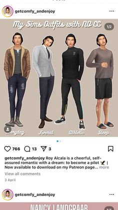 an image of three men standing next to each other in different poses, with the caption'my single outfits with no cc