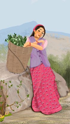 a painting of a woman holding a basket full of plants on top of a rock