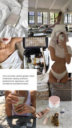 a collage of photos showing the contents of a woman's bathing suit and her personal care products