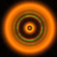 an orange and green circular design on a black background with light rays in the center