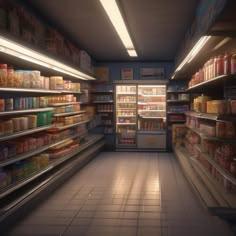 an empty grocery store filled with lots of food and drink bottles in the fridges