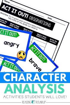 the character analysis activity is shown in blue and green, with text reading act it out