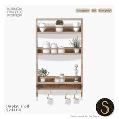 the display shelf is made from wood and has three shelves with pots, cups, and mugs on it