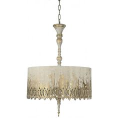 a white chandelier hanging from a chain with a light fixture in the middle