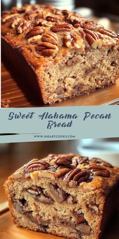 two pictures of some food on top of a wooden cutting board with the words sweet alhama pecan bread