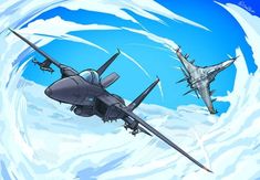 two fighter jets flying through the air above snow