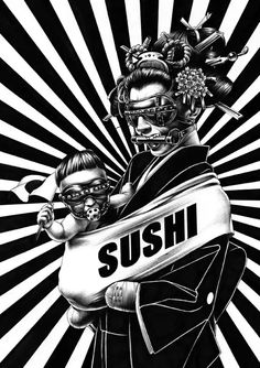 a black and white drawing of two people with the word sushi on their chest