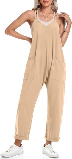 PRICES MAY VARY. MATERIAL: US SIZE: S(4~6), M(8~10), L(12~14), XL(16~18). This women's spaghetti strap summer jumpsuit is made of 92% cotton and 8% spandex. The fabric is soft and comfortable, stretchy, lightweight and breathable. DESIGN: Women's casual Loose fit overalls, V-neck design, baggy and comfortable, adjustable spaghetti strap jumpsuit, sleeveless rompers, casual summer outfits, with two sides pockets, solid color, suit for summer vacation, flattering look that is appealing. OCCASION: Casual Sleeveless Jumpsuits And Rompers, Comfortable Solid Jumpsuits And Rompers With Pockets, Sleeveless Relaxed Fit Solid Color Jumpsuits And Rompers, Leisure Jumpsuits And Rompers With Pockets, Casual Sleeveless Jumpsuits With Side Pockets, Trendy Sleeveless Jumpsuits With Side Pockets, Sleeveless Loose Fit Jumpsuits For Spring, Casual Baggy Sleeveless Jumpsuits And Rompers, Solid Color Sleeveless Relaxed Fit Jumpsuit