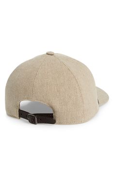 The Italian fashion house's signature monili beading glints along the front of an elevated baseball cap crafted from a fresh blend of linen and cotton. Adjustable buckle strap 90% linen, 10% cotton with leather trim Dry clean Made in Italy Classic Beige Baseball Cap With Curved Brim, Luxury Beige Baseball Cap, Classic Beige Six-panel Baseball Cap, Luxury Beige Baseball Cap With Curved Brim, Classic Adjustable Cream Baseball Cap, Classic Cream Six-panel Baseball Cap, Adjustable Linen Flat Cap, Classic Beige Baseball Cap, Classic Cream Baseball Cap With Curved Visor