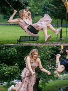 two pictures of people swinging on swings in the park, and one has her legs up