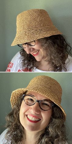 two pictures of a woman wearing a straw hat and smiling at the camera, both with curly hair