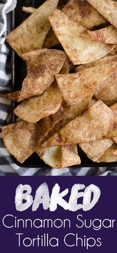 baked cinnamon sugar tortilla chips on a black and white checkered table cloth