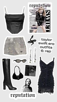 fashion items are arranged in the shape of a collage with words that read repuptation, taylor swift era outfits g i r e p'rep