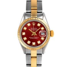 SKU#: 6917-TT-RED-DIA-AM-FLT-OYSPre-Owned Rolex 6917 Ladies 26mm Datejust Watch, Custom Red Diamond Dial & Rolex Yellow Gold Fluted Bezel on Rolex Yellow Gold & Stainless Steel Oyster Band Model#: 6917 Case: Rolex 26mm Stainless Steel Case Movement: Rolex Automatic 2035 Caliber Dial: Custom Red Dial with Diamond Hour Markers (Not Made by Rolex) Bezel: Rolex Yellow Gold Fluted Bezel Band: Rolex Yellow Gold & Stainless Steel Oyster Band This Beautiful Watch Comes Fully Serviced, Polished, Time-Tes Two Tone Datejust, Bracelet Original, Wooden Watch Box, Bezel Bracelet, Rolex Watches For Men, Rolex Models, Red Diamond, Wooden Watch, Rolex Oyster