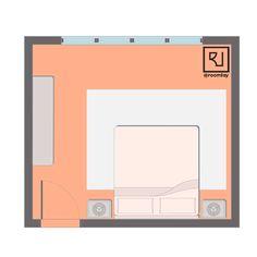 the floor plan for a small bedroom with a bed and nightstands in an orange room