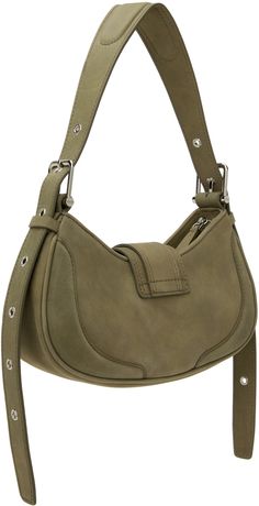 Nubuck shoulder bag in khaki. · Adjustable and detachable padded shoulder strap · Pin-buckle detailing at magnetic press-stud tab · Zip closure · Patch pocket at interior · Faux-suede lining · Logo-engraved silver-tone hardware · H5.75 x W11 x D3 Supplier color: Marena khaki Olive Leather Shoulder Bag With Detachable Strap, Chic Olive Leather Shoulder Bag, Green Leather Shoulder Bag With Snap Closure, Silver Engraving, Nubuck Leather, Press Studs, 11 Inches, Faux Suede, Patch Pocket