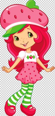 strawberry shortcake girl in pink dress and green hat