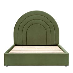 a green bed with arched headboard and foot board