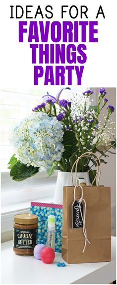 a brown paper bag sitting on top of a table next to flowers and other items