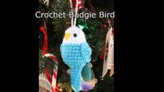 a crocheted bird ornament hanging from a christmas tree with the words crochet budgie bird on it