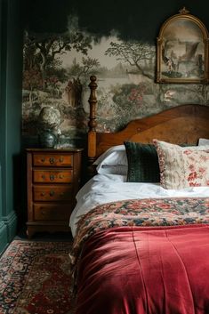 a bed in a bedroom with a painting on the wall behind it and a wooden headboard