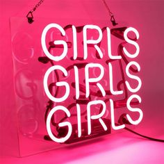 a neon sign with the words girls girls on it in front of a pink background