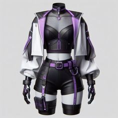 Futuristic Clothing Aesthetic, Cyberpunk Outfit Colorful, Cyberpunk Fashion Aesthetic, Outfit Ideas Cyberpunk, Purple Cyberpunk Outfit, Cyberpunk Inspired Outfit, Villain Outfits Design, Sci Fi Outfits Female, Cyberpunk Outfit Ideas