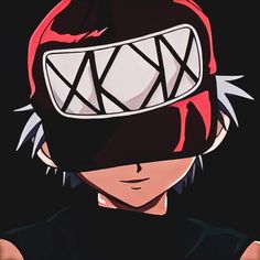 an anime character wearing a red and white mask