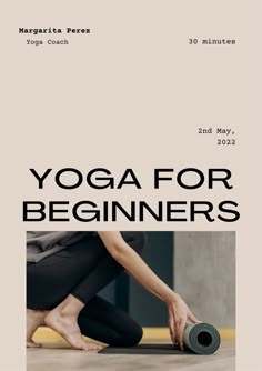 yoga for beginners book cover with woman doing yoga on the floor and text that reads,