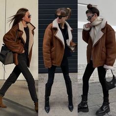 Shearling Jacket Outfit, Moto Jacket Outfit, Nyc Outfits, Fur Leather Jacket, Sheepskin Jacket, Sheepskin Coat, Looks Street Style, Jacket Outfit