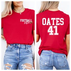 Customize this Football Family t-shirt with your title such as "Football Mom," or "Football Dad" on the front of the shirt and with your football player's last name and Jersey number on the back. This is the perfect cheer squad shirt for any family that attends football school sports games.  Please ask about custom designs-we LOVE creating custom work! 👕 WHAT YOU ARE GETTING -Personalized Football Family t-shirt 💲HOW TO ORDER -Select shirt color -Select shirt size -In the personalization box e Football Sister, Football Family, Family T Shirts, Cheer Squad, Mama T Shirt, Personalized Football, Shirt Football, Boys Graphic Tee, Squad Shirt