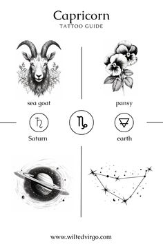 the capricorn tattoo guide is shown in black and white, with different symbols around it