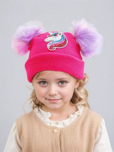 1pc Toddler Girls' Dual-Color Pom-Pom Knitted Unicorn Embroidered Sequin Hat, Winter Warm Baby Knit Cap Hot Pink,Pink,Purple    Acrylic  Knit Hat   Kids Accessories, size features are:Bust: ,Length: ,Sleeve Length: Knitted Unicorn, Sequin Hat, Knitted Hats Kids, Purple Acrylic, Knit Cap, Baby Warmer, Pink Pink, Knit Hat, Pom Poms