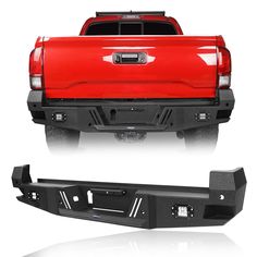 the back end of a red pickup truck with black bumper guards and chrome trims