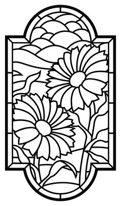 a stained glass window with flowers in the center and an oval frame above it that says,