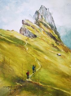 a painting of two people walking up a grassy hill with a mountain in the background