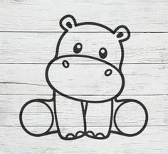 a black and white drawing of a hippo sitting on top of a wooden floor