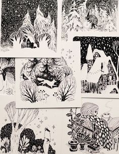 four black and white drawings of animals in the snow with trees, plants and houses