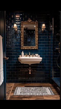 a bathroom with a sink, mirror and rug in it's centerpieces