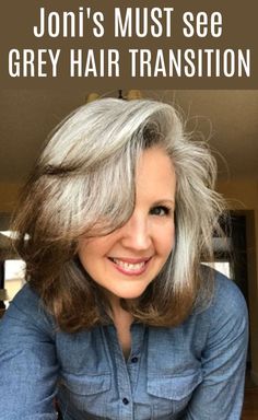 Joni grew out her dyed brown hair into a stunning silver color by ditching the dye and going cold turkey.  Her transition pix are a must-see! Dyed Brown Hair, Gray Hair Pixie Cuts, Hair Highlights And Lowlights, Highlights Lowlights