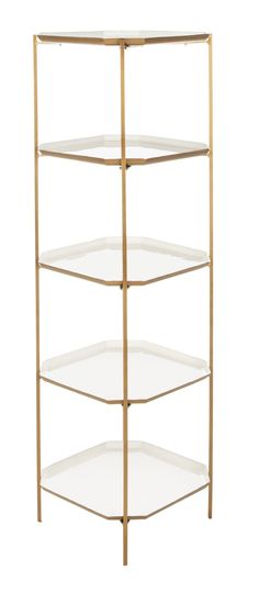 This classic 5-tier étagère features a fresh contemporary twist with it posh white shelves. A design investment, its fine iron construction features a luxurious brass finish that frames its layers of ample open storage. Designers love to use them in pairs. Safavieh Sylvie White/Brass Metal 5-Shelf Bookcase (16-in W x 53-in H x 16-in D) in Gold | ETG3203A Smart Bedroom, Shelf Nightstand, 5 Shelf Bookcase, Its Fine, White Shelves, Contemporary Bedroom Decor, White Brass, Modern Dresser, Modway Furniture