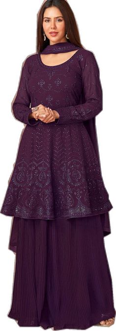 Purple Long Sleeve Sharara With Intricate Embroidery, Long Sleeve Purple Sharara For Eid, Purple Floor-length Chikankari Embroidery Sharara, Purple Floor-length Chikankari Embroidered Sharara, Purple Chikankari Embroidered Floor-length Sharara, Fitted Purple Sharara With Chikankari Embroidery, Semi-stitched Floor-length Purple Sharara, Purple Anarkali Sharara With Chikankari Embroidery, Festive Purple Sharara With Chikankari Embroidery