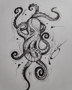 a drawing of an octopus in black and white