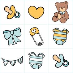 baby items are arranged in squares on a white background