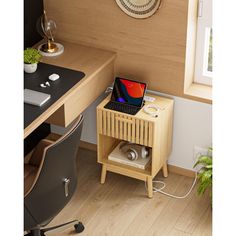 a laptop computer sitting on top of a wooden table next to a desk and chair