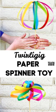 two hands holding a rainbow colored pinwheel with text overlay that reads, twinling paper spinner toy