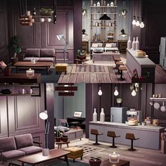 the interior of a living room and kitchen are shown in three different pictures, one is purple